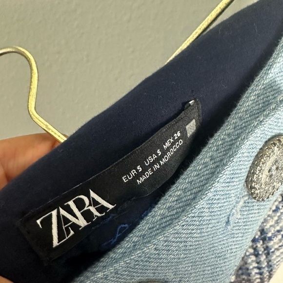 Zara Blue Tweed Textured Mini Skirt Contrast Denim Belt Size S - Picture 4 of 5